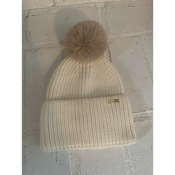 Steve Madden Cream Knit Winter Hat with Large Pom Pom - Picture 1 of 4
